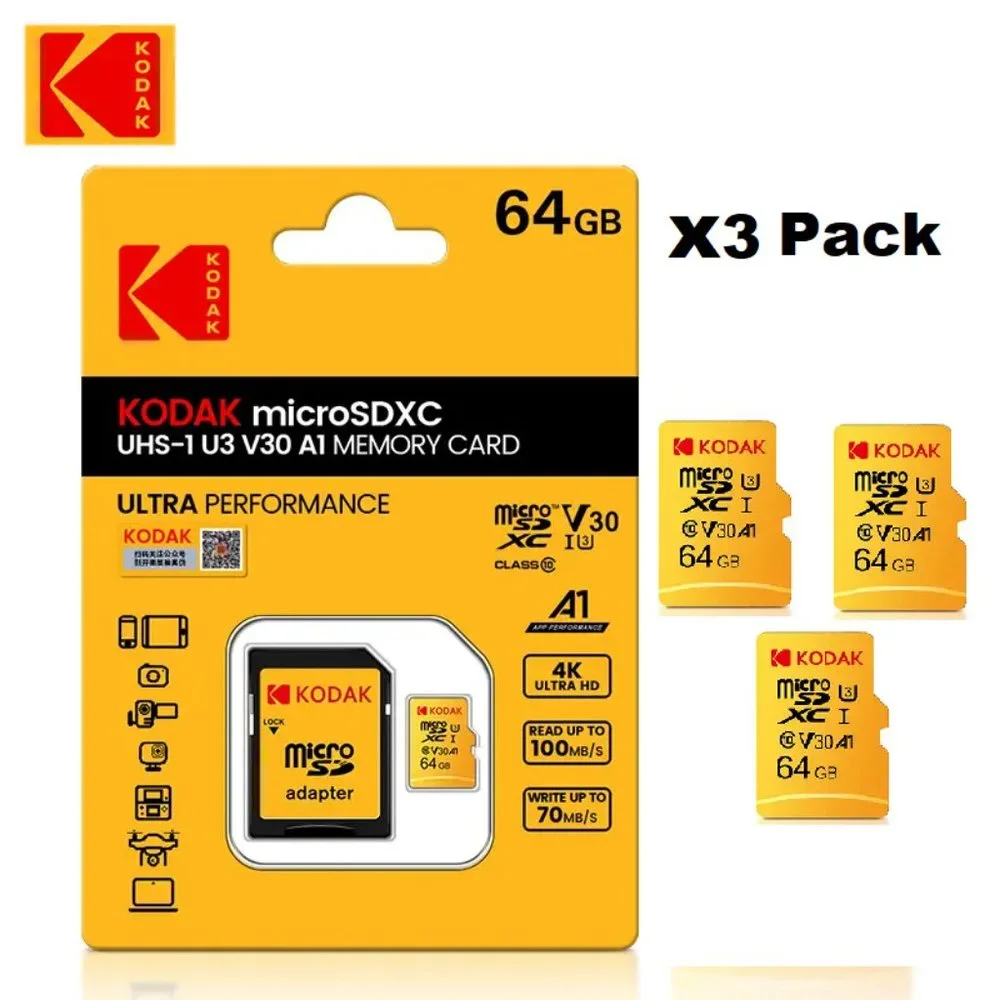 Lot Of 3 Pack Kodak Micro SD Card 64GB High Speed Memory Card U3 A1 V30 Class